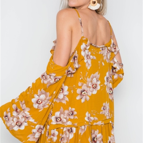 BOHO COLD SHOULDER FLORAL PRINT MINI DRESS - Picture 3 of 4